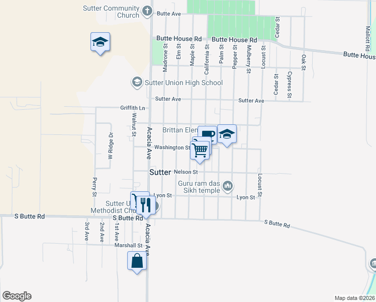 map of restaurants, bars, coffee shops, grocery stores, and more near 2332 Maple Street in Sutter