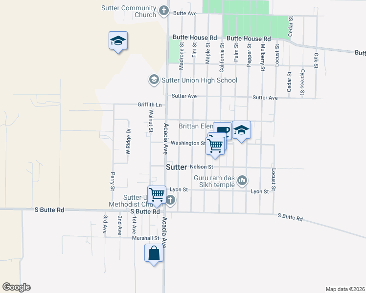 map of restaurants, bars, coffee shops, grocery stores, and more near 2340 Elm Street in Sutter