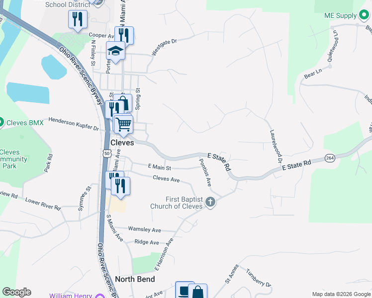 map of restaurants, bars, coffee shops, grocery stores, and more near 609 Ledgeview Drive in Cleves