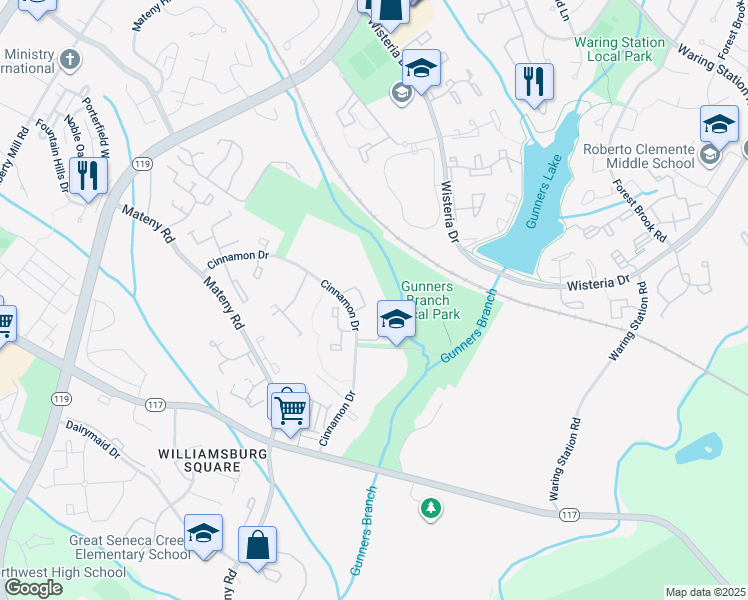 map of restaurants, bars, coffee shops, grocery stores, and more near 18527 Nutmeg Place in Germantown