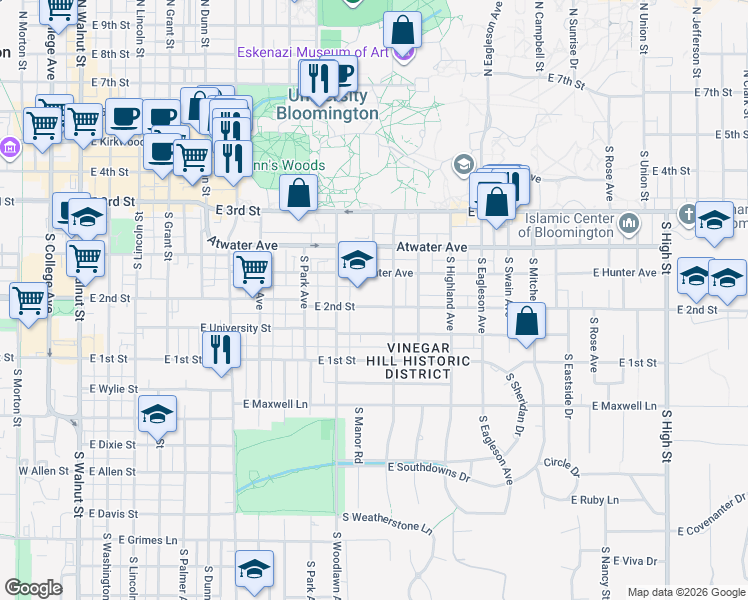 map of restaurants, bars, coffee shops, grocery stores, and more near 936-998 East Hunter Avenue in Bloomington