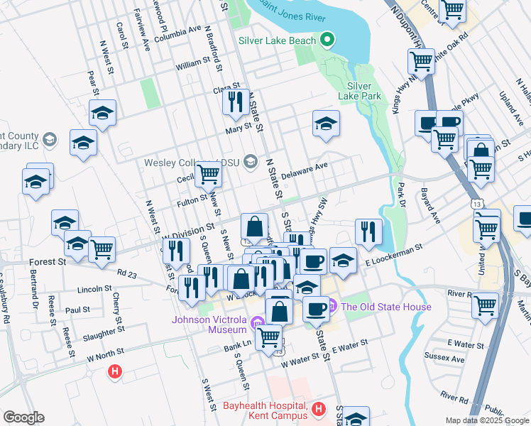 map of restaurants, bars, coffee shops, grocery stores, and more near 16 North State Street in Dover