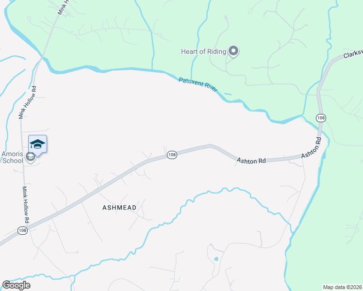 map of restaurants, bars, coffee shops, grocery stores, and more near 1216 Ashton Road in Ashton-Sandy Spring