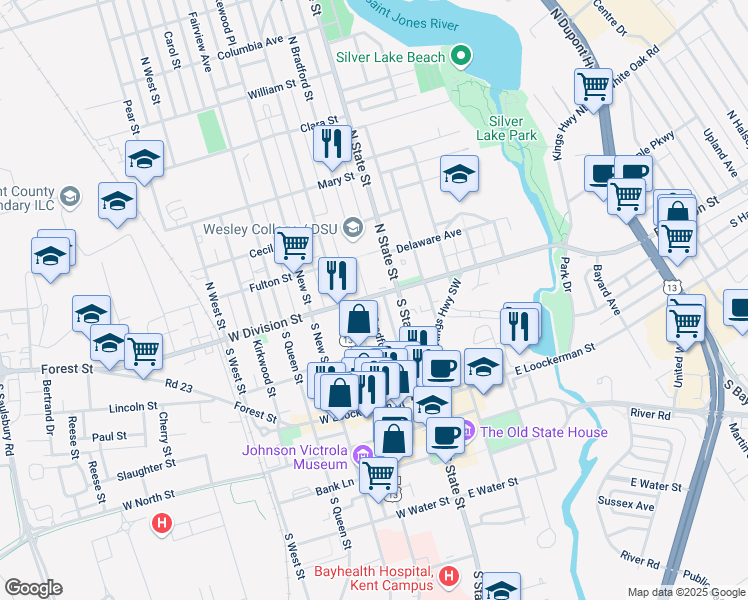 map of restaurants, bars, coffee shops, grocery stores, and more near 16 North State Street in Dover
