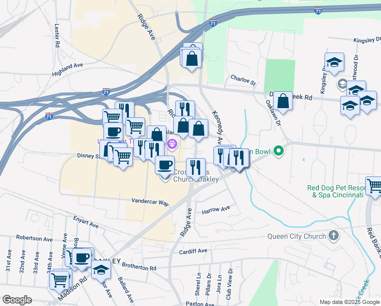 map of restaurants, bars, coffee shops, grocery stores, and more near 3401 Alamo Avenue in Cincinnati