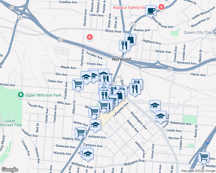 map of restaurants, bars, coffee shops, grocery stores, and more near 4701 Montgomery Road in Norwood