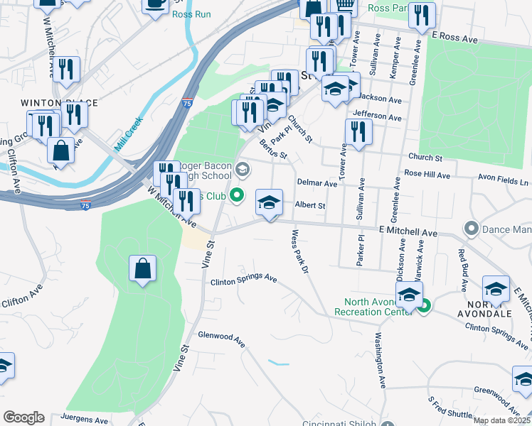 map of restaurants, bars, coffee shops, grocery stores, and more near 71 Albert Street in Cincinnati