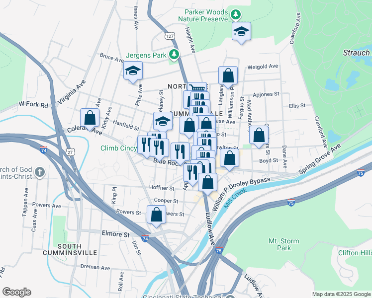map of restaurants, bars, coffee shops, grocery stores, and more near 4145 Apple Street in Cincinnati