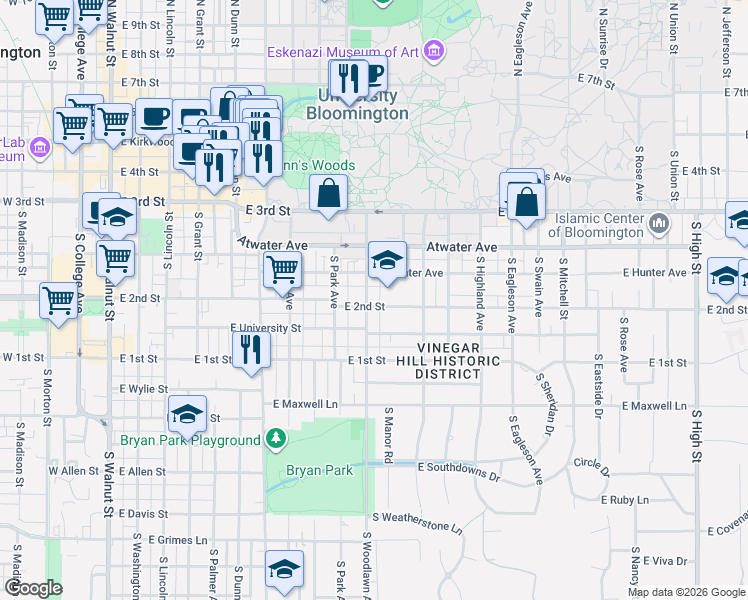 map of restaurants, bars, coffee shops, grocery stores, and more near 822 East Hunter Avenue in Bloomington