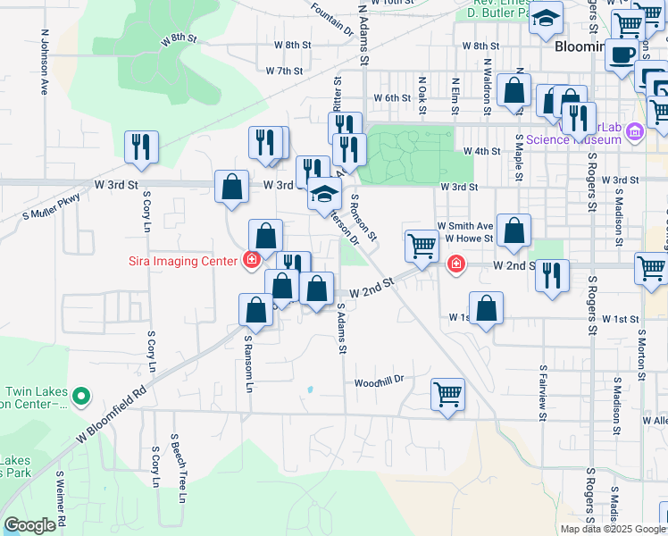 map of restaurants, bars, coffee shops, grocery stores, and more near 550 South Adams Street in Bloomington