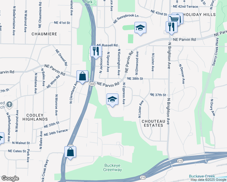 map of restaurants, bars, coffee shops, grocery stores, and more near 4238 NE Parvin Rd in Kansas City
