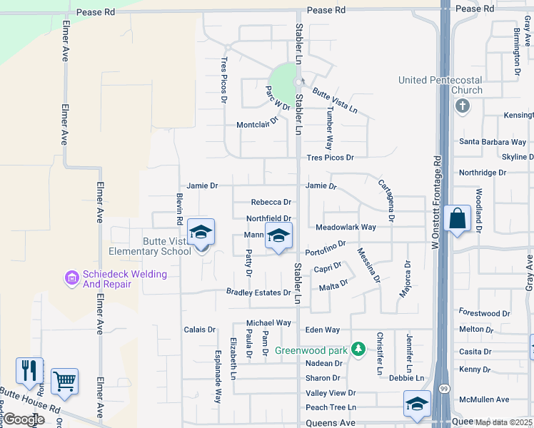map of restaurants, bars, coffee shops, grocery stores, and more near 1661 Northfield Drive in Yuba City