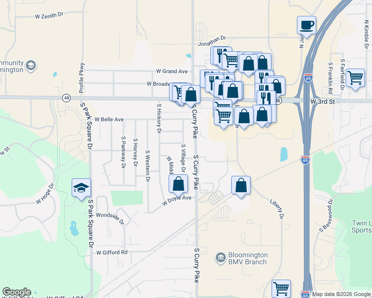 map of restaurants, bars, coffee shops, grocery stores, and more near 520 South Curry Pike in Bloomington
