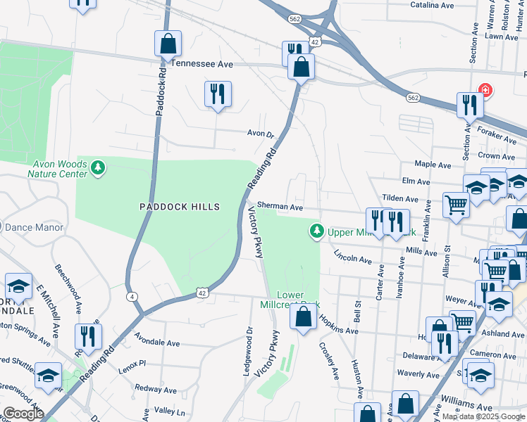 map of restaurants, bars, coffee shops, grocery stores, and more near 1521 Sherman Avenue in Norwood