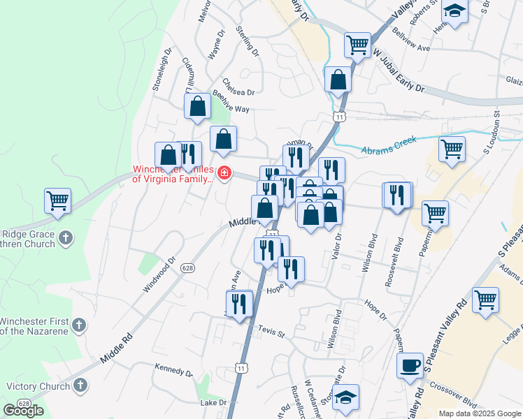 map of restaurants, bars, coffee shops, grocery stores, and more near 2207 Valley Avenue in Winchester