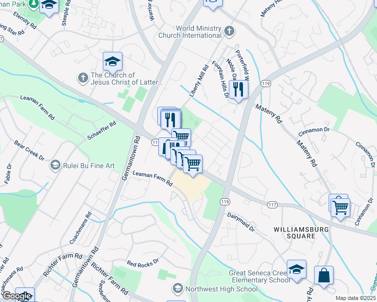 map of restaurants, bars, coffee shops, grocery stores, and more near 18603 Village Fountain Drive in Germantown