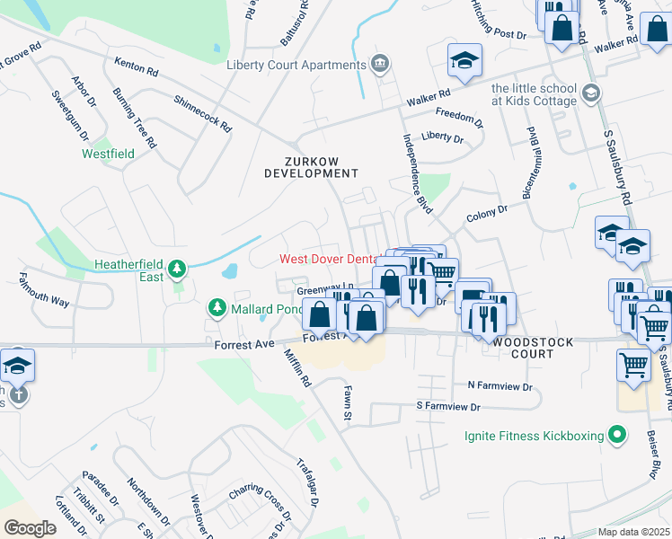 map of restaurants, bars, coffee shops, grocery stores, and more near 131 Periwinkle Drive in Dover