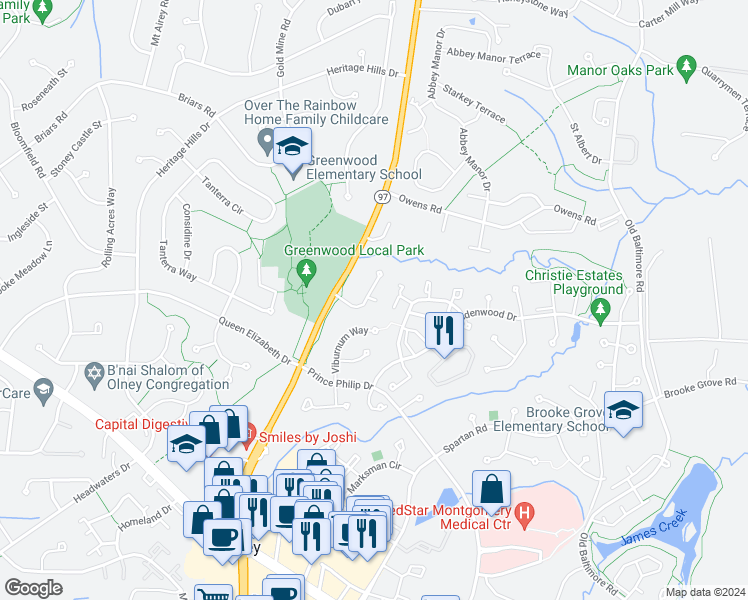 map of restaurants, bars, coffee shops, grocery stores, and more near 3003 Hollow Crest Place in Olney