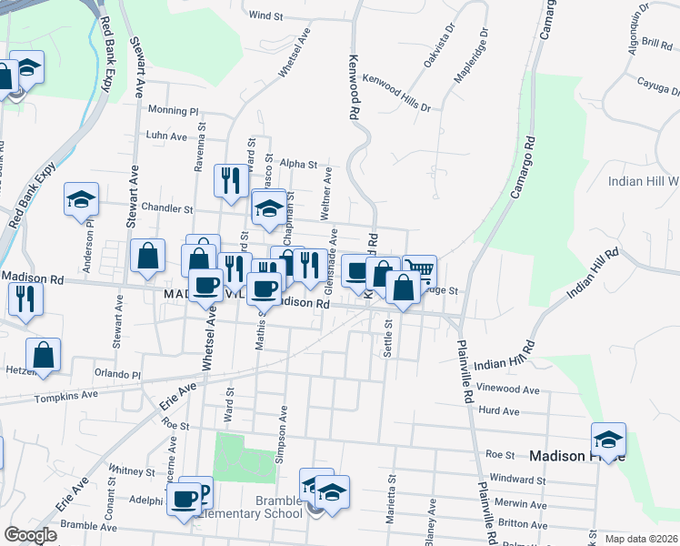 map of restaurants, bars, coffee shops, grocery stores, and more near 6309 Desmond Street in Cincinnati