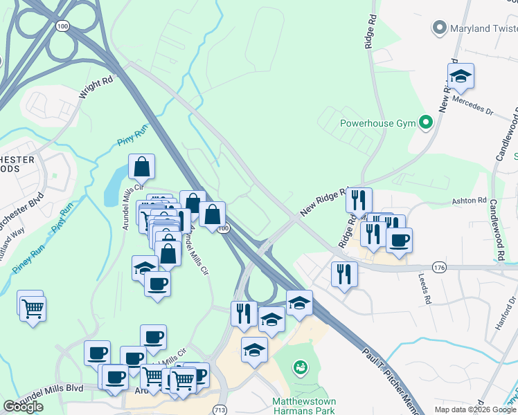 map of restaurants, bars, coffee shops, grocery stores, and more near 7501 Trafalgar Circle in Hanover