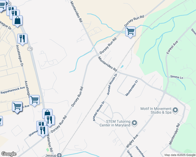 map of restaurants, bars, coffee shops, grocery stores, and more near 7605 Dorsey Run Road in Jessup