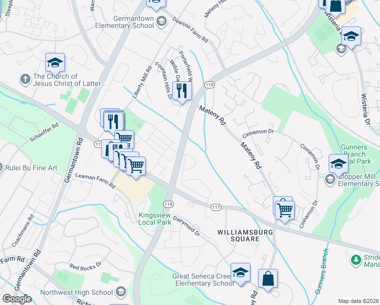 map of restaurants, bars, coffee shops, grocery stores, and more near 13269 Autumn Mist Circle in Germantown
