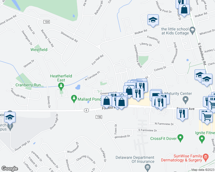map of restaurants, bars, coffee shops, grocery stores, and more near 12 Periwinkle Court in Dover