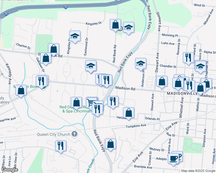 map of restaurants, bars, coffee shops, grocery stores, and more near 4805 Red Bank Expressway in Cincinnati