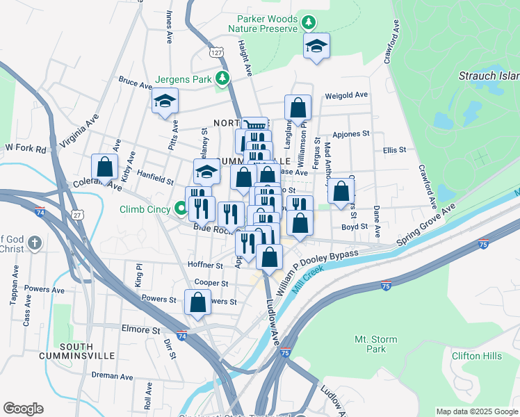 map of restaurants, bars, coffee shops, grocery stores, and more near 1612 Knowlton Street in Cincinnati