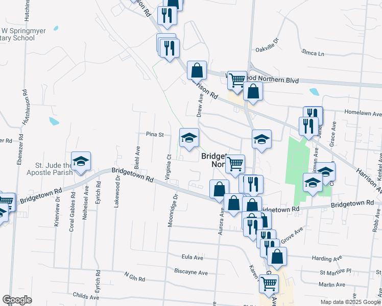 map of restaurants, bars, coffee shops, grocery stores, and more near 3850 Virginia Court in Cincinnati