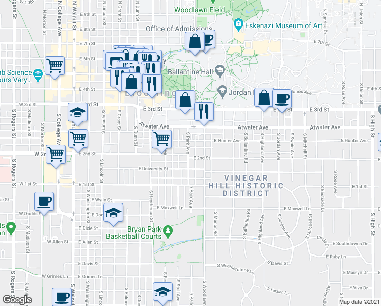 map of restaurants, bars, coffee shops, grocery stores, and more near 726 East Hunter Avenue in Bloomington