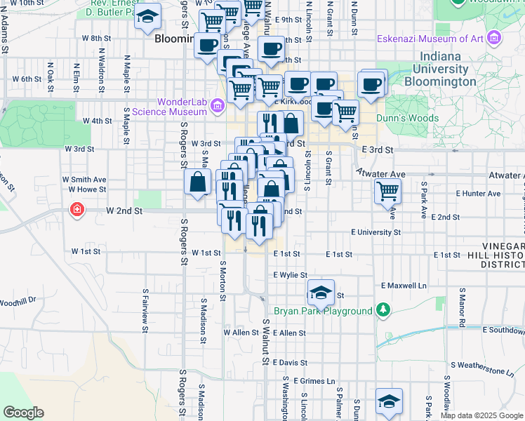 map of restaurants, bars, coffee shops, grocery stores, and more near 413 South Walnut Street in Bloomington