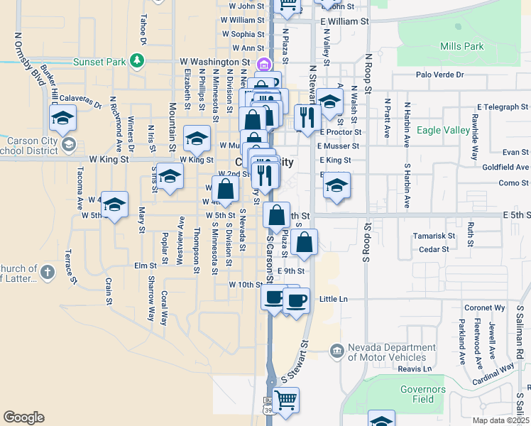 map of restaurants, bars, coffee shops, grocery stores, and more near 418 South Carson Street in Carson City