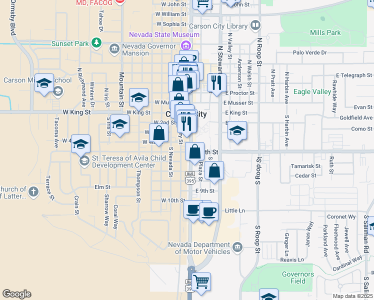 map of restaurants, bars, coffee shops, grocery stores, and more near 418 South Carson Street in Carson City