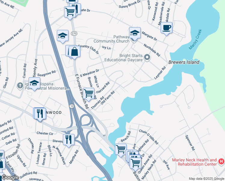 map of restaurants, bars, coffee shops, grocery stores, and more near 33 Thomas Road in Glen Burnie