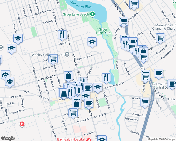 map of restaurants, bars, coffee shops, grocery stores, and more near 104 East Division Street in Dover