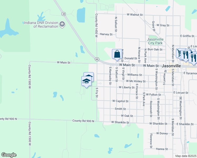 map of restaurants, bars, coffee shops, grocery stores, and more near 222 South Fry Street in Jasonville