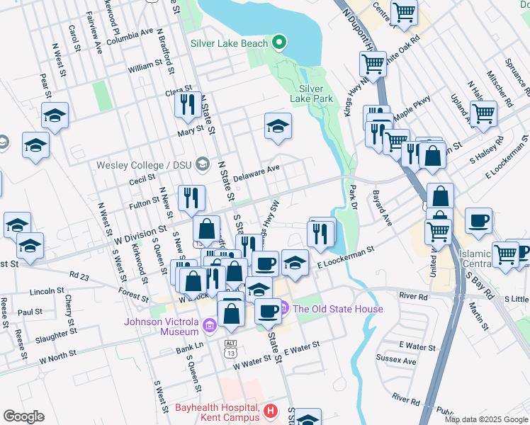 map of restaurants, bars, coffee shops, grocery stores, and more near 104 East Division Street in Dover