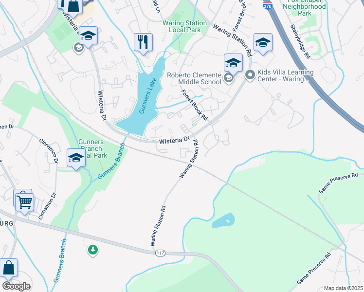 map of restaurants, bars, coffee shops, grocery stores, and more near 12209 Peach Crest Drive in Germantown