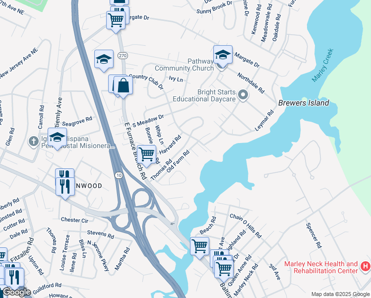 map of restaurants, bars, coffee shops, grocery stores, and more near 33 Thomas Road in Glen Burnie