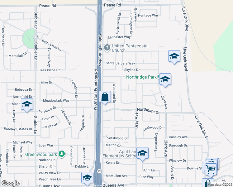 map of restaurants, bars, coffee shops, grocery stores, and more near 1895 Woodland Drive in Yuba City