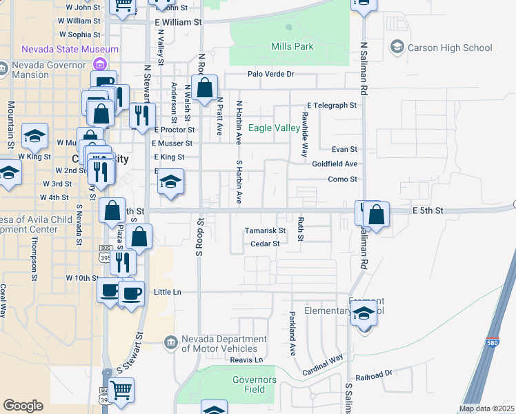 map of restaurants, bars, coffee shops, grocery stores, and more near 1024 East 5th Street in Carson City