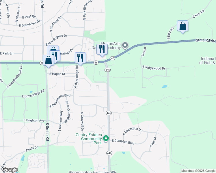 map of restaurants, bars, coffee shops, grocery stores, and more near 4500 Falls Creek Drive in Bloomington