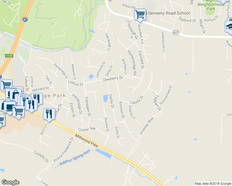 map of restaurants, bars, coffee shops, grocery stores, and more near 141 Kinross Drive in Winchester