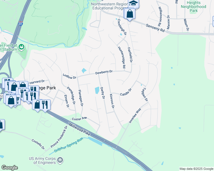 map of restaurants, bars, coffee shops, grocery stores, and more near 141 Kinross Drive in Winchester