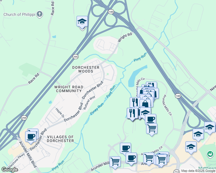 map of restaurants, bars, coffee shops, grocery stores, and more near 1556 Penzance Way in Hanover
