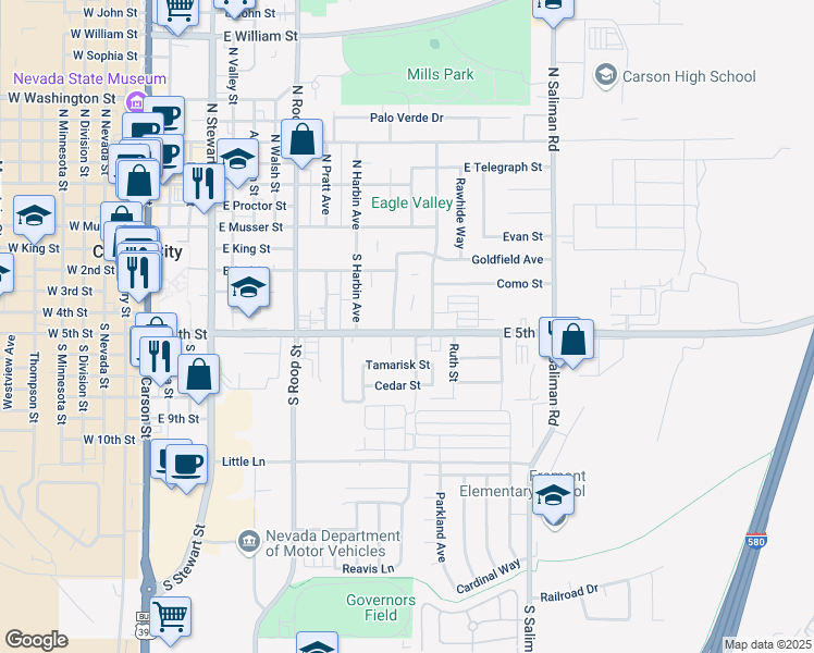 map of restaurants, bars, coffee shops, grocery stores, and more near 461 Allouette Way in Carson City