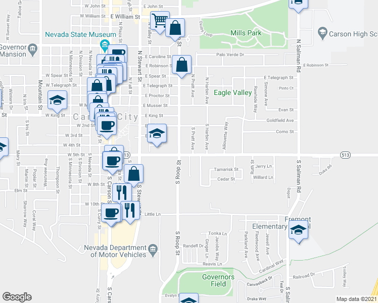 map of restaurants, bars, coffee shops, grocery stores, and more near 209 South Pratt Avenue in Carson City