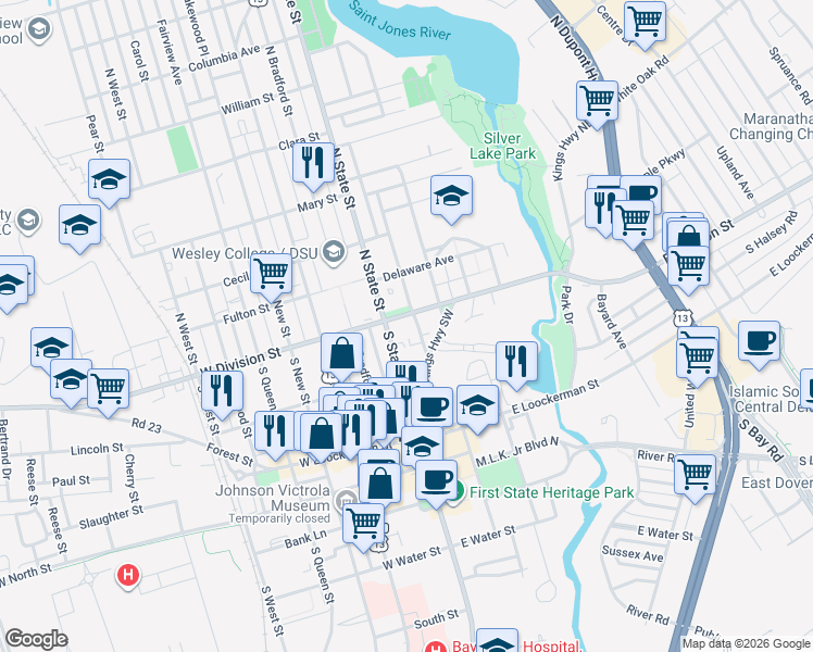 map of restaurants, bars, coffee shops, grocery stores, and more near 98 American Avenue in Dover