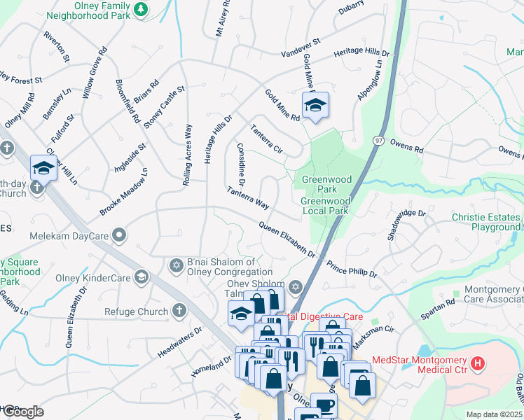 map of restaurants, bars, coffee shops, grocery stores, and more near 18636 Tanterra Way in Brookeville